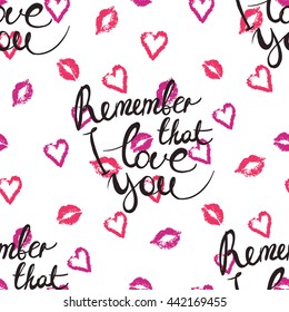 Vector fashion sketch. Hand drawn graphic glossy and shine lilac heart, pink heart, kiss, lips imprint, remember that I love you lettering. 