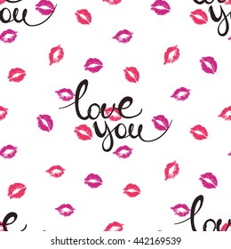 Vector fashion sketch. Hand drawn graphic glossy and shine kiss, lips imprint, love you lettering.  Isolated elements on white background