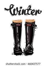 Vector fashion sketch. Hand drawn illustration of fashion black rubber boots with knitted socks and winter lettering. Contrasty glamour greeting card design in vogue style. Isolated elements on white
