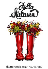 Vector fashion sketch. Hand drawn illustration of fashion red rubber hunter boots with  bouquet of autumn leaves and Hello Autumn lettering. Colorful design in vogue style. Isolated elements on white