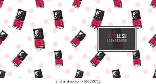 Vector fashion sketch. Hand drawn graphic nailpolish, red lip, lip, eye. Contrasty glamour fashion seamless pattern in vogue style. Isolated elements on white background