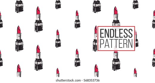 Vector fashion sketch. Hand drawn graphic lipstick. Contrasty glamour fashion seamless pattern in vogue style. Isolated elements on white background