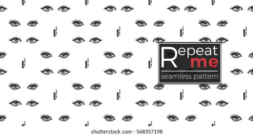 Vector fashion sketch. Hand drawn graphic sight, mascara, nailpolish, enamel. Contrasty glamour fashion seamless pattern in vogue style. Isolated elements on white background