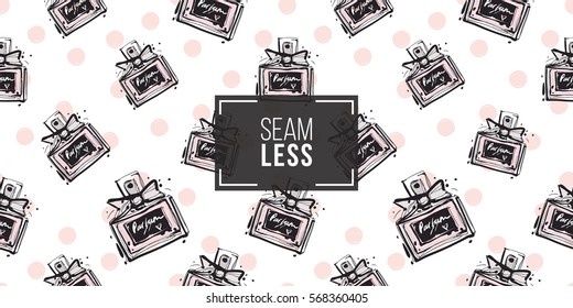 Vector fashion sketch. Hand drawn graphic perfume, red lip, lip, eye. Contrasty glamour fashion seamless pattern in vogue style. Isolated elements on white background