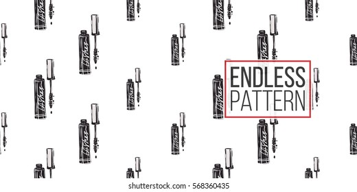 Vector fashion sketch. Hand drawn graphic mascara. Contrasty glamour fashion seamless pattern in vogue style. Isolated elements on white background