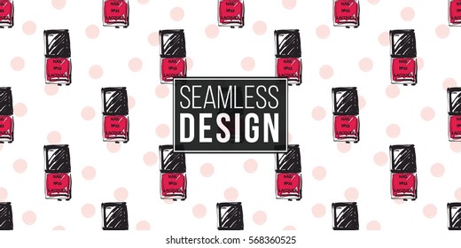 Vector fashion sketch. Hand drawn graphic nailpolish, red lip, lip, eye. Contrasty glamour fashion seamless pattern in vogue style. Isolated elements on white background