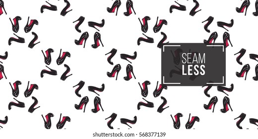 Vector fashion sketch. Hand drawn graphic high heel shoes. Contrasty glamour fashion seamless pattern in vogue style. Isolated elements on white background