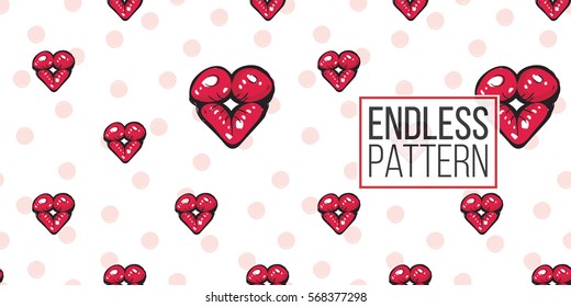 Vector fashion sketch. Hand drawn graphic kiss, red lip, lip, eye. Contrasty glamour fashion seamless pattern in vogue style. Isolated elements on white background