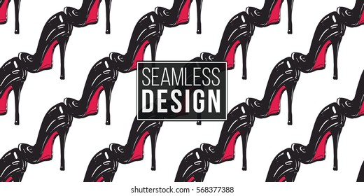 Vector fashion sketch. Hand drawn graphic high heel. Contrasty glamour fashion seamless pattern in vogue style. Isolated elements on white background