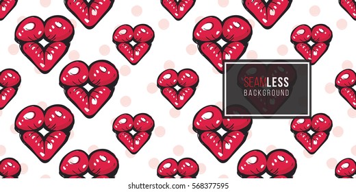 Vector fashion sketch. Hand drawn graphic kiss, red lip, lip, eye. Contrasty glamour fashion seamless pattern in vogue style. Isolated elements on white background