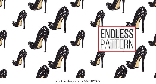 Vector fashion sketch. Hand drawn graphic black heel. Contrasty glamour fashion seamless pattern in vogue style. Isolated elements on white background