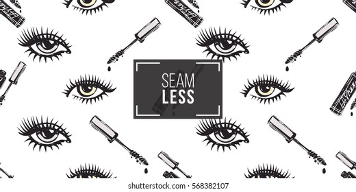 Vector fashion sketch. Hand drawn graphic eye and mascara. Contrasty glamour fashion seamless pattern in vogue style. Isolated elements on white background