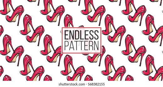 Vector fashion sketch. Hand drawn graphic red heels. Contrasty glamour fashion seamless pattern in vogue style. Isolated elements on white background