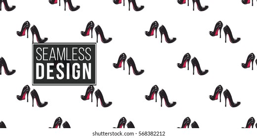 Vector fashion sketch. Hand drawn graphic heel. Contrasty glamour fashion seamless pattern in vogue style. Isolated elements on white background
