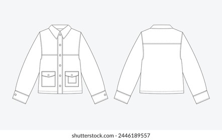 Chaqueta de sketch de Vector, mujer chaqueta para hombre dibujo técnico, CAD de moda, Plantilla, chaqueta de manga larga. chaqueta denim o chaqueta pesada con vista frontal, posterior, color blanco