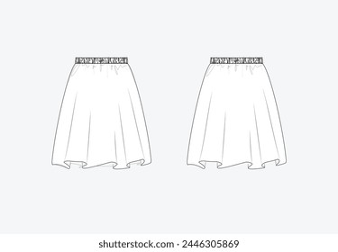 Vector fashion sketch Jacket, woman skirt technical drawing, fashion CAD, flat, template, skirt with elastic waistband. Skirt with front, back view, white color