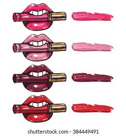 Vector fashion sketch lipstick chart palette. Hand drawn graphic color glossy and shine liquid lipstick. Contrasty glamour fashion lips card in vogue style. Isolated elements on white background