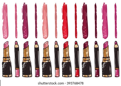 Vector fashion sketch makeup set lipstick with lip pencil collection colors chart palette. Hand drawn graphic color shine glossy glamour fashion card vogue style. Isolated elements on white background