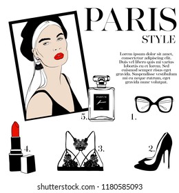Vector fashion sketch set. Hand drawn graphic shoes, eye glasses, shoes heels, perfume, lace bra, red lipstick. Paris Fashion illustration kit vogue style. Woman face in red beret. Magazine concept