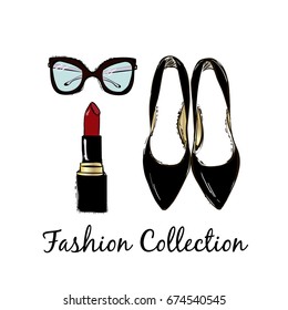 Vector fashion sketch set. Hand drawn graphic shoes, lipstick, eye glasses. Fashion Collection inscription. Trend glamour fashion illustration kit vogue style