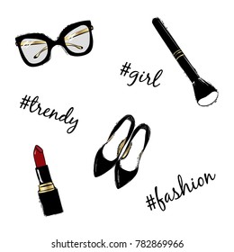 Vector fashion sketch set. Hand drawn graphic black shoes, makeup brush, red lipstick, eye glasses. Inscription lettering with hashtag fashion, style, girl. Fashion illustration kit vogue style