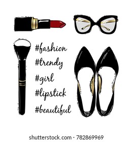 Vector fashion sketch set. Hand drawn graphic black shoes, makeup brush, red lipstick, eye glasses. Inscription lettering with hashtag fashion, style, girl. Fashion illustration kit vogue style