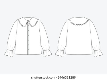 Vector fashion sketch shirt, woman shirt technical drawing, fashion CAD, flat, template, large collar shirt. Detailed shirt with front, back view, white color