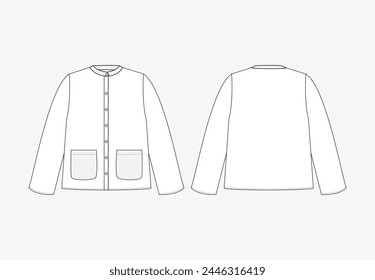 Vector fashion sketch shirt, woman's shirt with pockets technical drawing, fashion CAD, flat, template, long sleeved shirt. Shirt with buttons and pockets with front, back view, white color