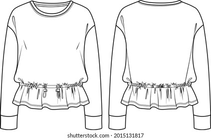 Vector fashion sketch sweatshirt with elasticized waist, woman sweatshirt technical drawing, fashion CAD long sleeved top with gathering detail. Jersey sweatshirt with front, back view, white color