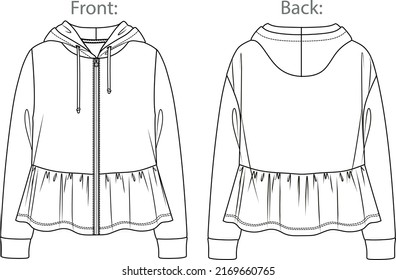 Vector fashion sketch sweatshirt with frills, woman hooded sweatshirt technical drawing, fashion CAD, flat, template, long sleeved hoodie. Jersey or fleece sweatshirt with front, back view,white color