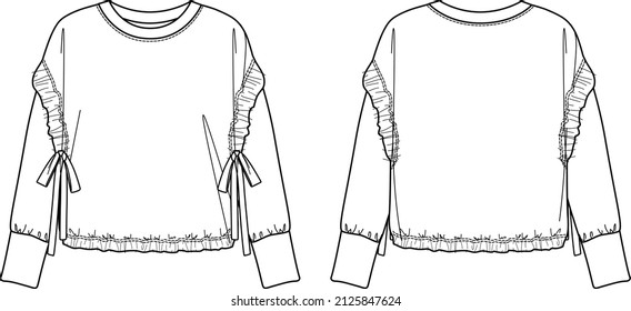 Sudadera de sketch de moda vectorial con detalles de juntura, dibujo técnico de sudaderas para mujeres, CAD de moda, cuello redondo de manga larga, plano, plantilla. Sudadera de lana con vista frontal,trasera,color blanco