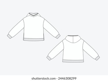 Vektorgrafik Mode Sketch Sweatshirt, Damen Herren Sweatshirt Technische Zeichnung, Mode CAD, flach, Vorlage, Kapuzenpullover. Jersey Sweatshirt mit Front, Rückansicht, Weiß