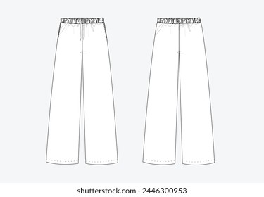 Vector fashion sketch trousers,  trousers technical drawing, fashion CAD, flat, template, pants with drawstrings. Casual pants with front, back view, white color