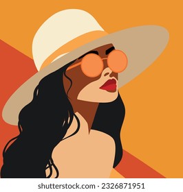 Vector fashion style illustration flat style brunette girl on vacation in a hat and glasses on an orange background