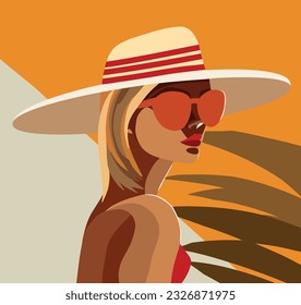 Vector fashion style illustration style flat girl on vacation in a hat and glasses on an orange background