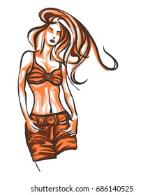 VECTOR Fashion stylish original hand drawing with the body of a beautiful young girl model for design.