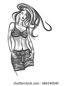VECTOR Fashion stylish original hand drawing with the body of a beautiful young girl model for design.