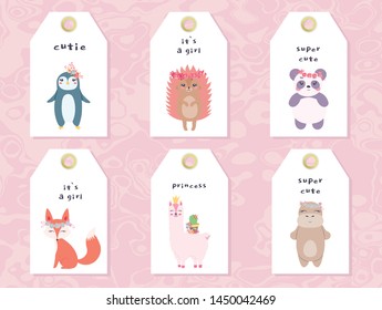 Vector fashion tags with Cute illustrations panda, fox, penguin, for nursery design, poster, greeting, birthday card, baby shower design and party decor phrase it's a girl, cutie or princess