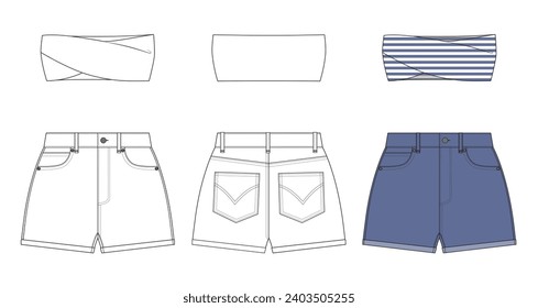 Vector fashion technical drawing of a bandeau top and shorts sets, complete with an example in color. Front and back view. Jersey and woven fabric.