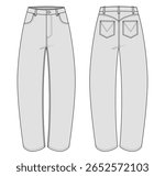 Vector fashion technical drawing of a barrel denim jeans with front and back view. Front pockets.  Metal button and rivets. Belt loops. Back pockets. Back yoke. Woven fabric.