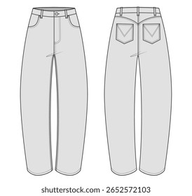 Desenho técnico de moda de vetor de uma perna barril jeans com vista frontal e traseira. Bolsos frontais.  Botão de metal e rebites. Alças da correia. Bolsos traseiros. Volte para o jugo. Tecidos.