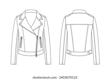 Vector fashion technical drawing of a biker jacket with front and back view. Metal zipper. Zipper pockets. Snap buttons. Faux leather or woven fabric.