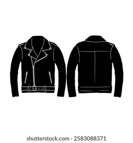 Vector fashion technical drawing of a biker, rock n roll jacket with front and back view. Metal zipper. Zipper pockets. Snap buttons. Faux leather or woven fabric.