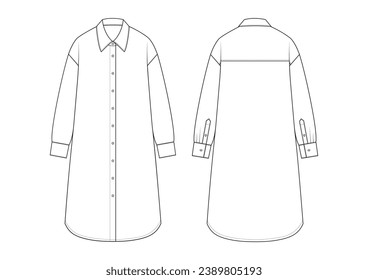 Vector fashion technical drawing of a button-down shirt dress with front and back view. Long sleeved. Woven fabric.