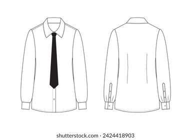 Dibujo técnico vectorial de moda de una camisa abotonada con vista frontal y posterior y un detalle de corbata de cuello. Ajuste fino. Cuello semi extendido. De manga larga. Dardo trasero. Tapa de la manga. Tejido.