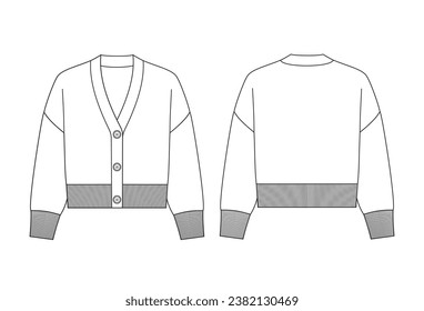 Technisches Zeichnen von Vektorgrafiken mit Vorder- und Rückansicht. Ribbing Details an Ärmelschellen und unten öffnen. Knit-Gewebe.