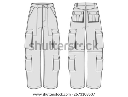 Vector fashion technical drawing of a cargo pants with front and back view. Side slant pockets. Double pockets on both left and right side side seams. Back pockets. Woven fabric.