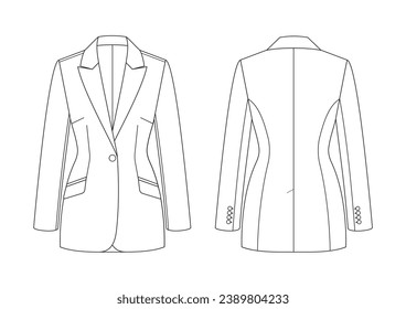 Vector fashion technical drawing of a cinched blazer with front and back view. Peak lapel. One button. Slanted pocket. Woven fabric.