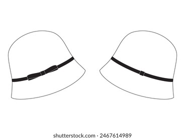 Vector fashion technical drawing of a cloche hat. Side bow detail. Wool fabric. 