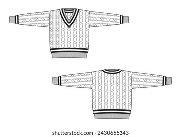 Vector fashion technical drawing of a cricket sweater with front and back view. Long sleeves. V-neck. Cable knit detail. Striped trim. Rib trim at neck, sleeve cuff and bottom opening. Knit fabric.